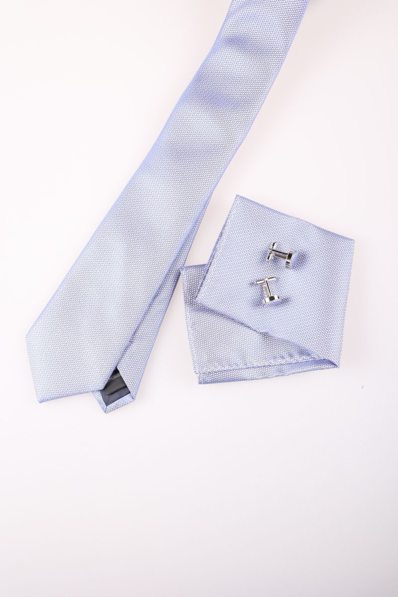 Light Blue Satin Tie, Handkerchief and Buttonhole Box Set with Elegant Small Pattern