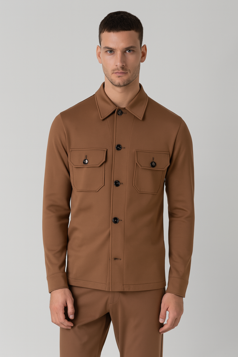 Мъжки overshirt от трикотажен плат в цвят кафяво
