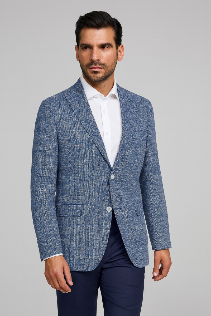 Мъжко спортно сако от меланжиран лен и памук в синьо