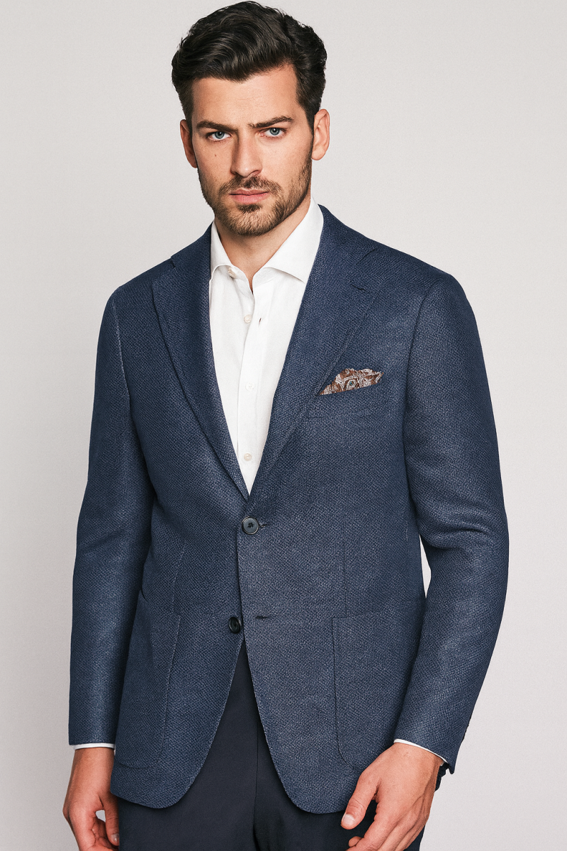 Мъжко спортно сако от памук, вълна и лен в тъмносиньо