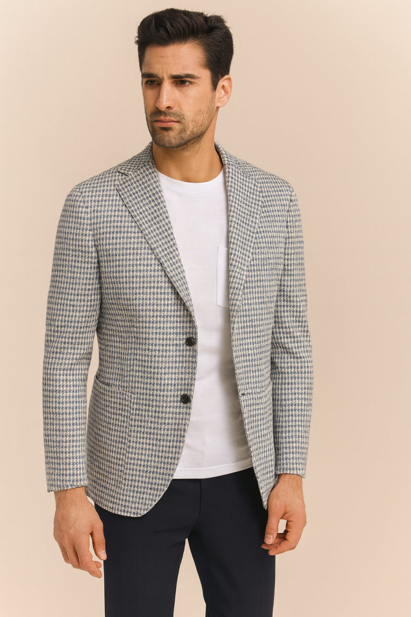 Мъжко вталено спортно сако от памук в светлосиньо и бяло 