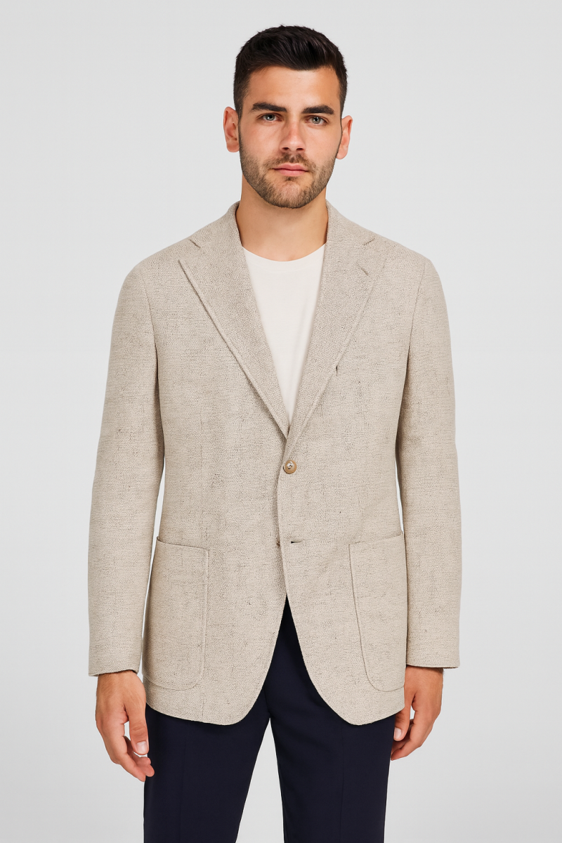Мъжко вталено трикотажно релефно сако в бежов цвят