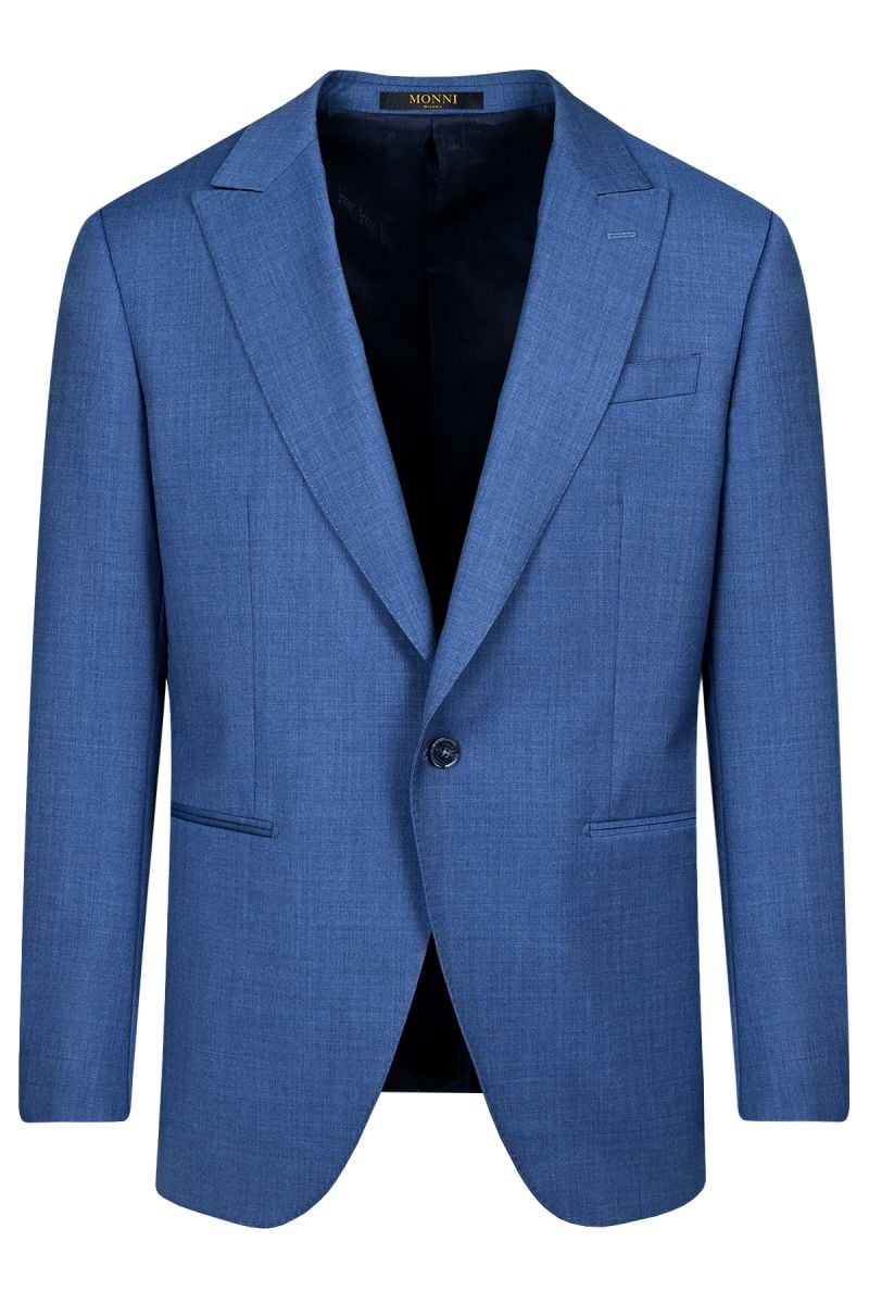 Мъжки официален костюм с едно копче и филетки в светлосиньо