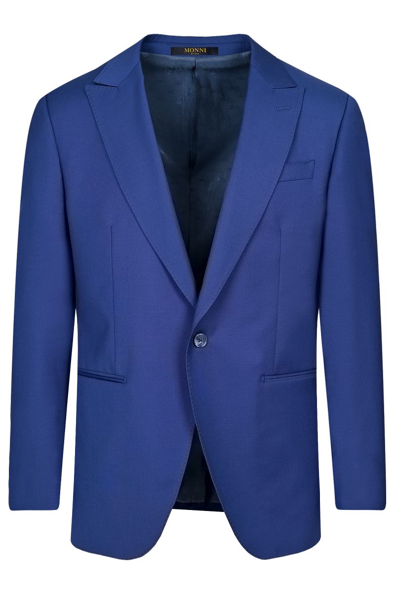 Мъжки официален костюм с едно копче и филетки в кралско синьо