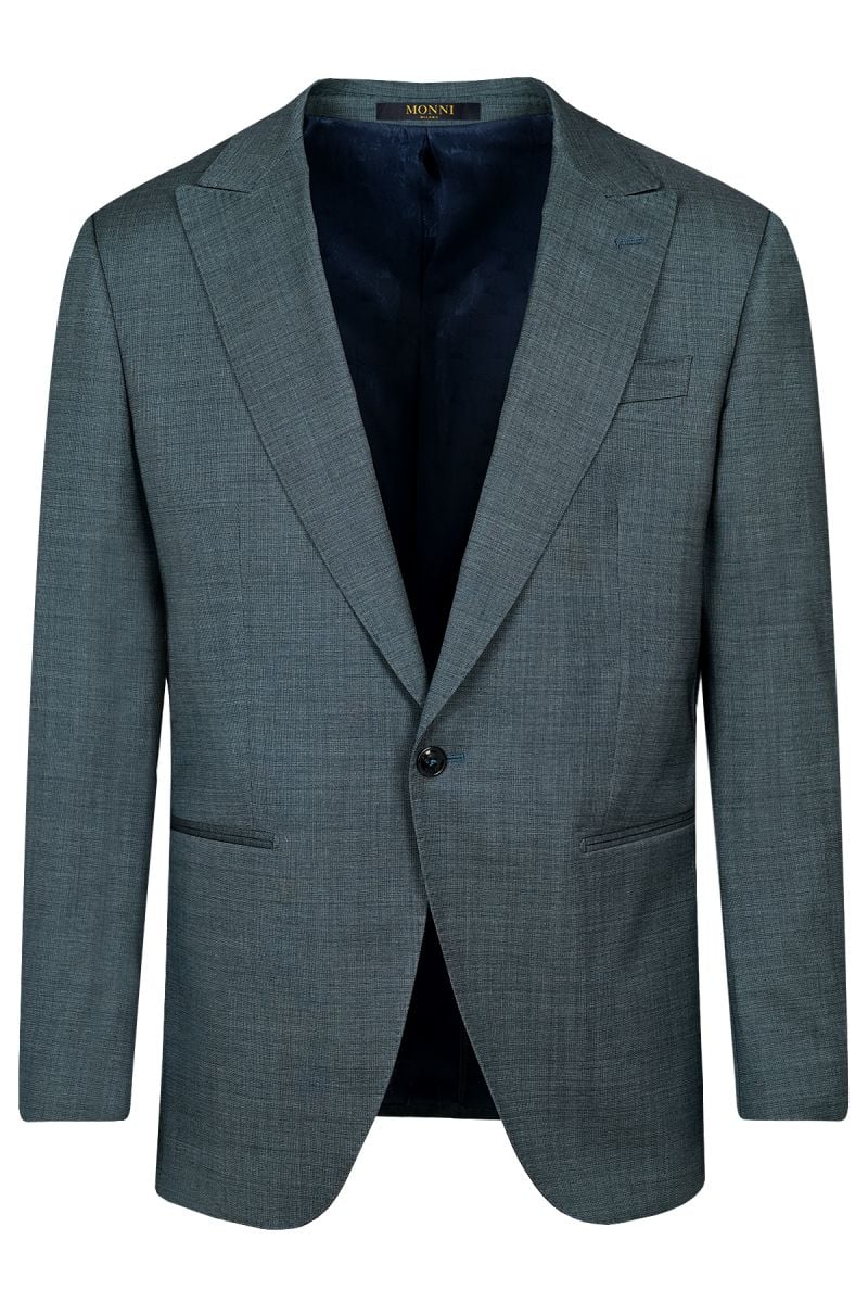 Мъжки официален костюм с едно копче и филетки в тъмно синьо-сиво 