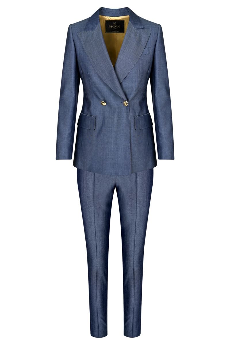 Двуреден, елегантен дамски костюм в структурен вълнен плат в тъмносин цвят