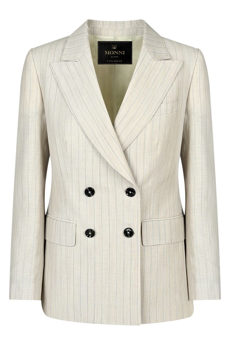 Раиран двуреден дамски костюм в цвят екрю от лен и памук