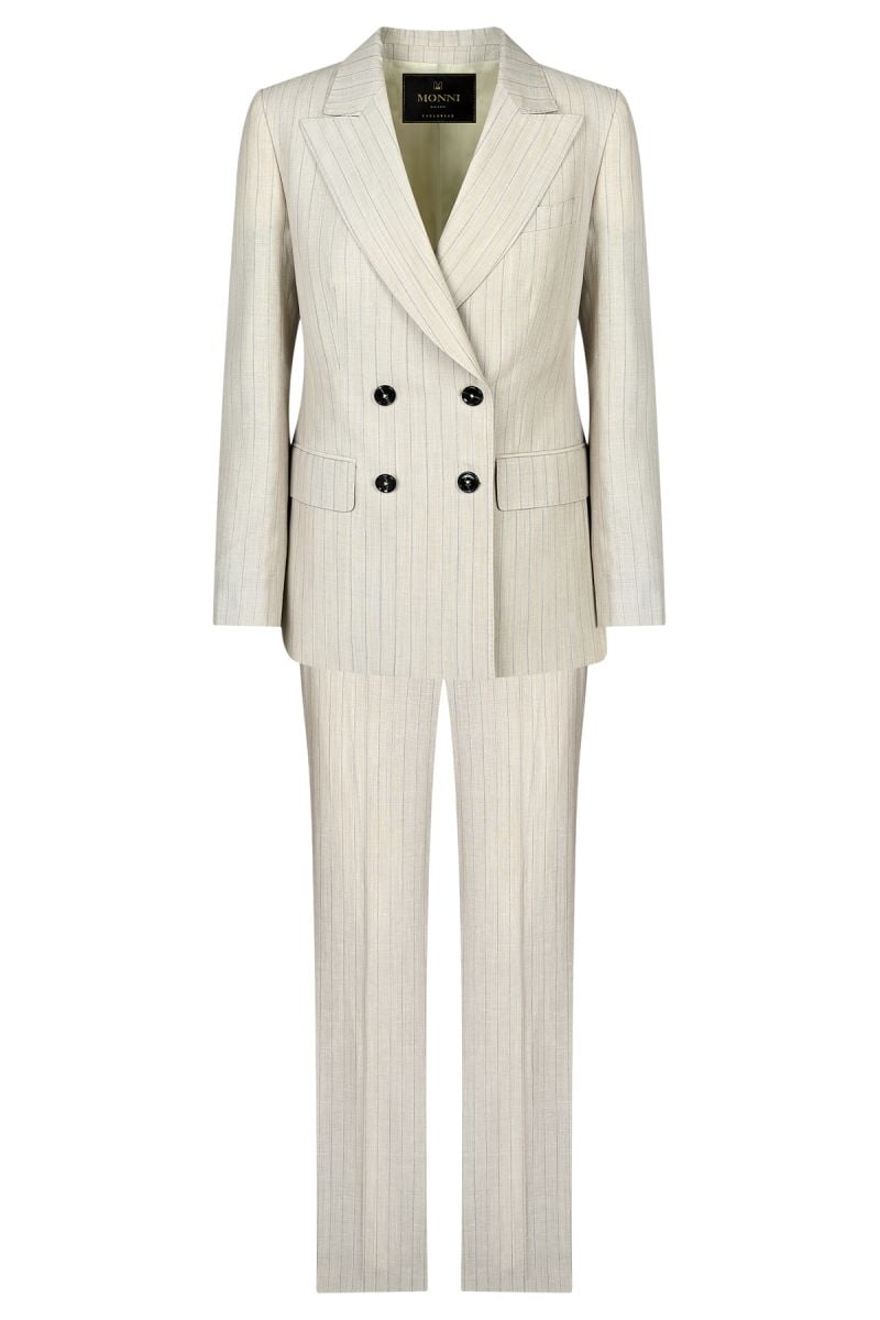 Раиран двуреден дамски костюм в цвят екрю от лен и памук