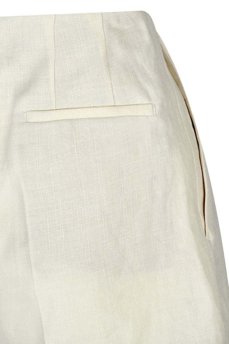 Дамски къси елегантни бермуди с баста от лен и вълна в екрю цвят 