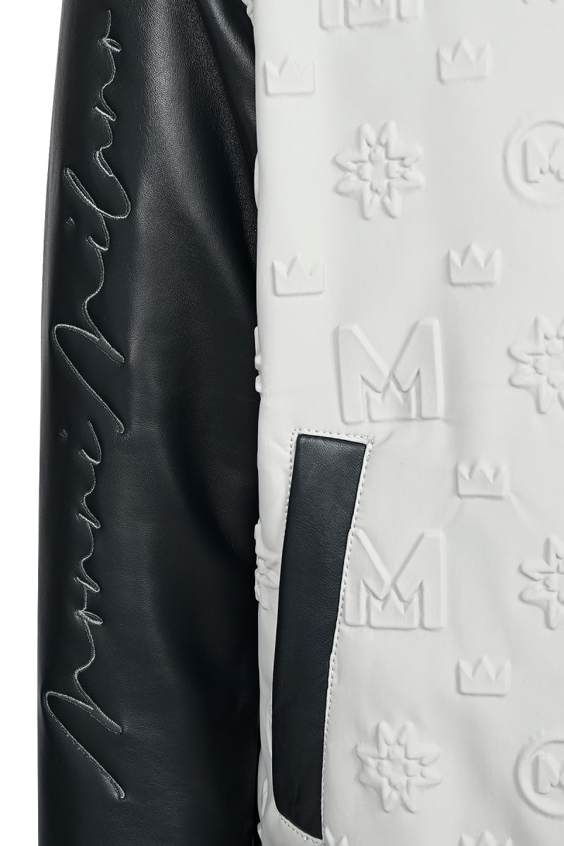 Луксозно мъжко яке бомбър в бяло със силиконови щампи и елементи в черно