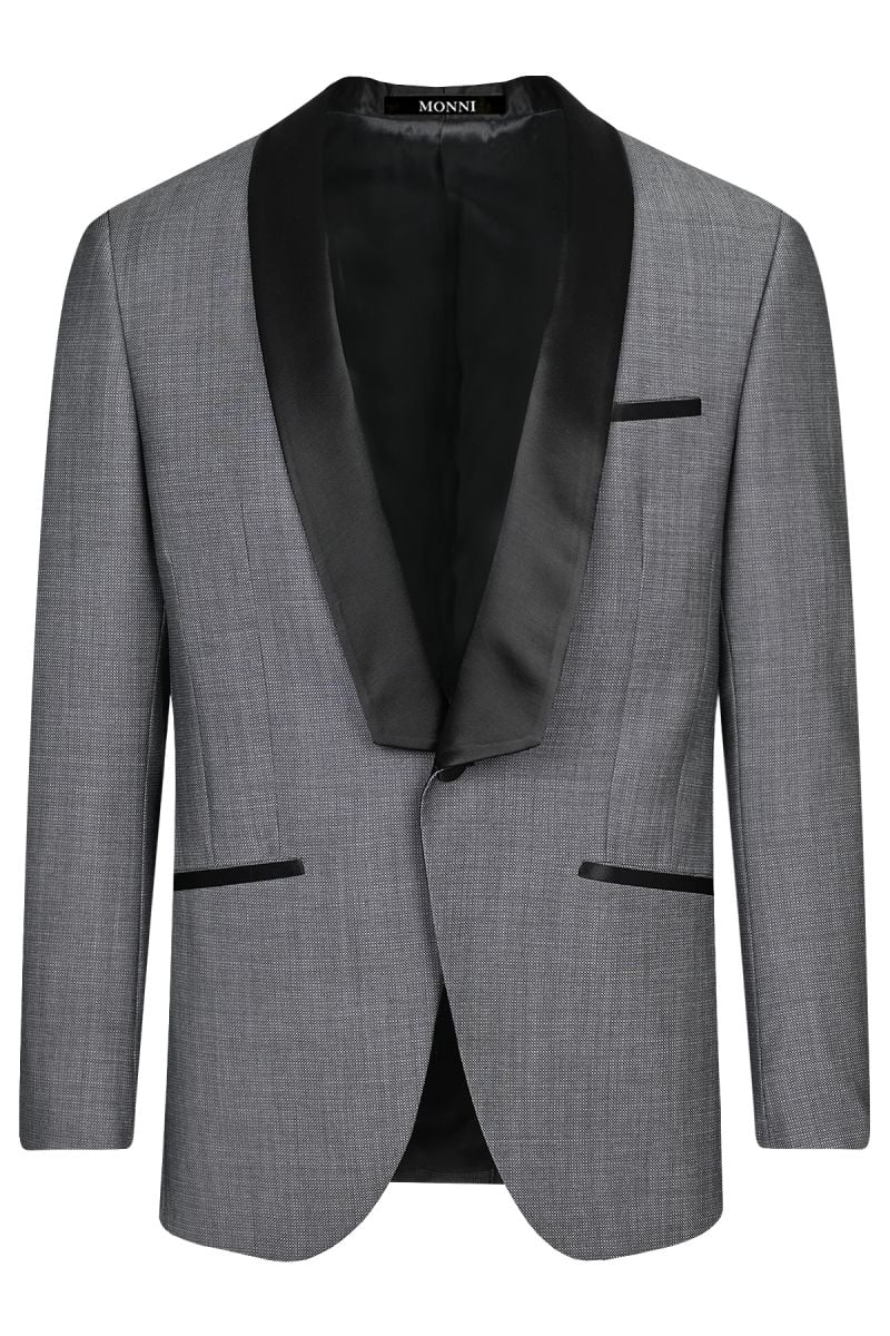 Официален костюм от вълна в сиво с контрастен шал-ревер от сатен в черно