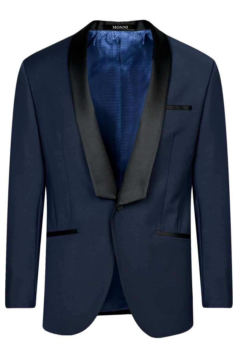 Официален костюм от вълна в тъмносин цвят с контрастен шал-ревер от сатен в черно