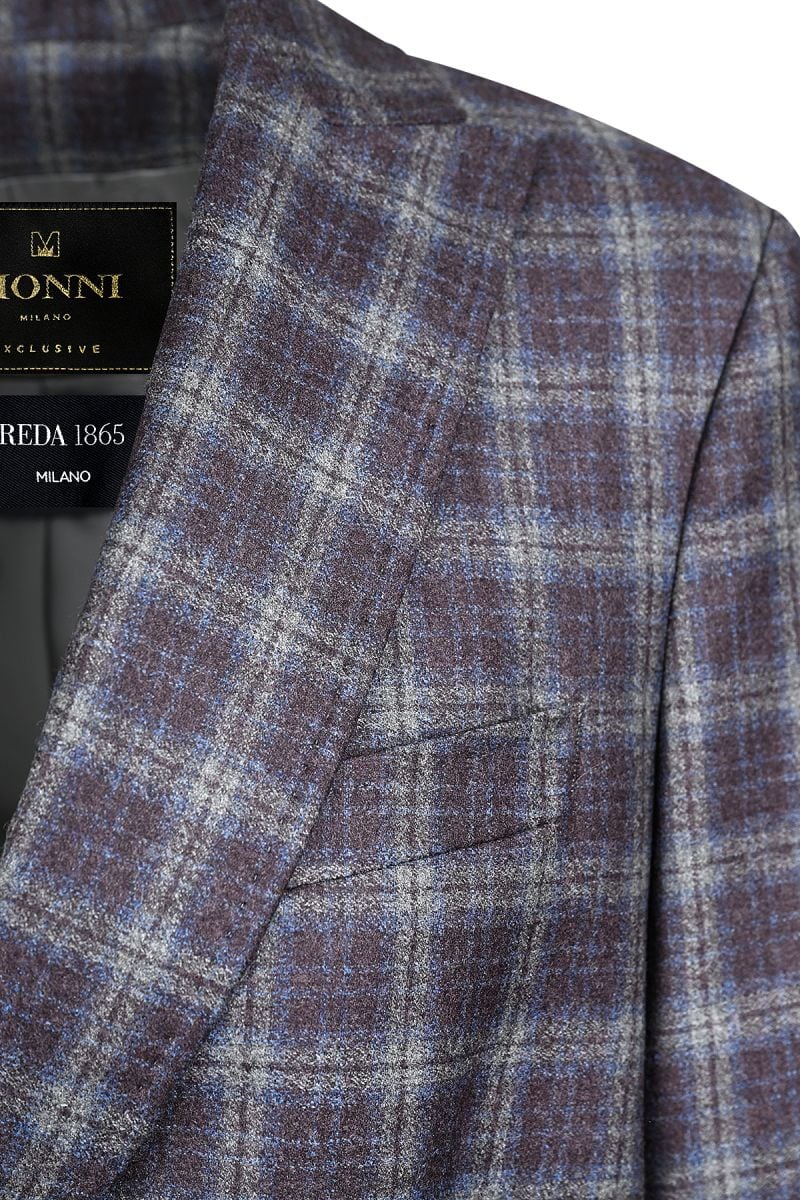 Елегантно дамско палто от 100% естествена вълна в лилаво и сиво каре