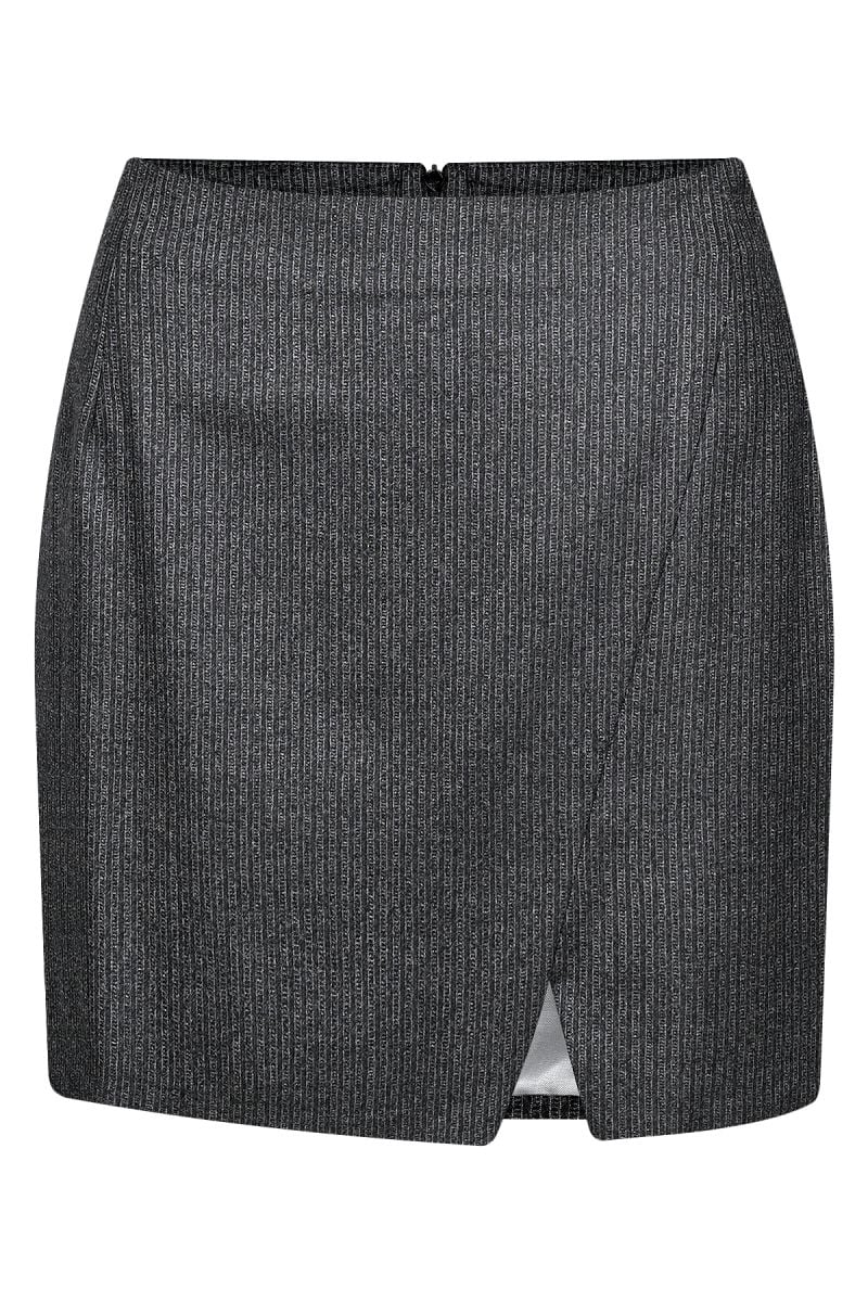 Дамски елегантен костюм от 100% вълна с къса вталена пола в тъмно сив пепит 