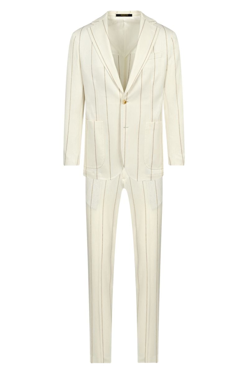 Мъжки луксозен втален костюм в екрю с райе с лен и памук