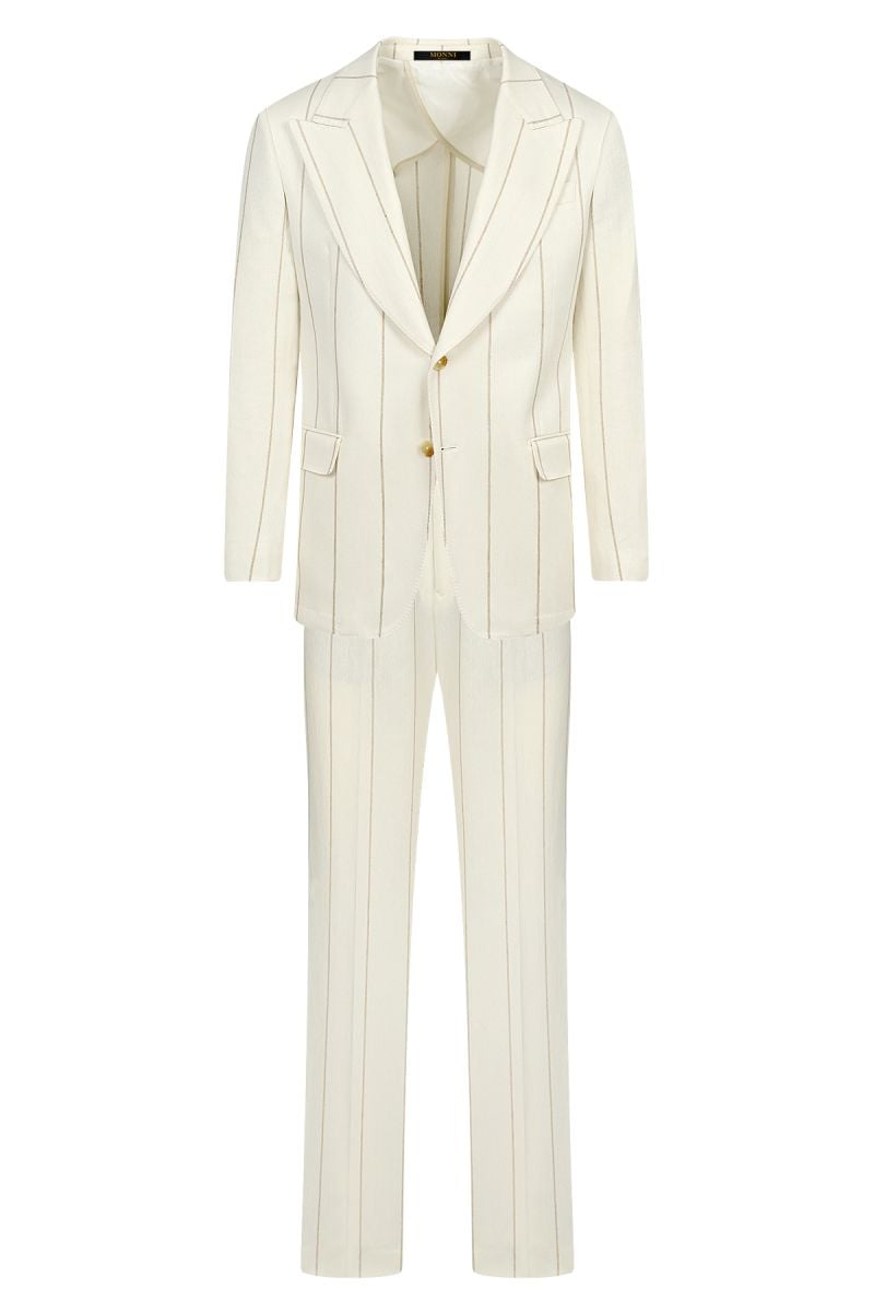 Мъжки дизайнерски костюм в екрю с райе с лен и памук