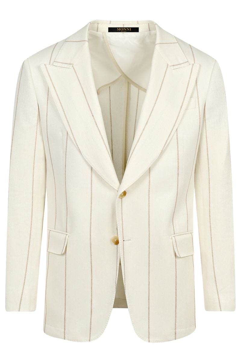 Мъжки дизайнерски костюм в екрю с райе с лен и памук