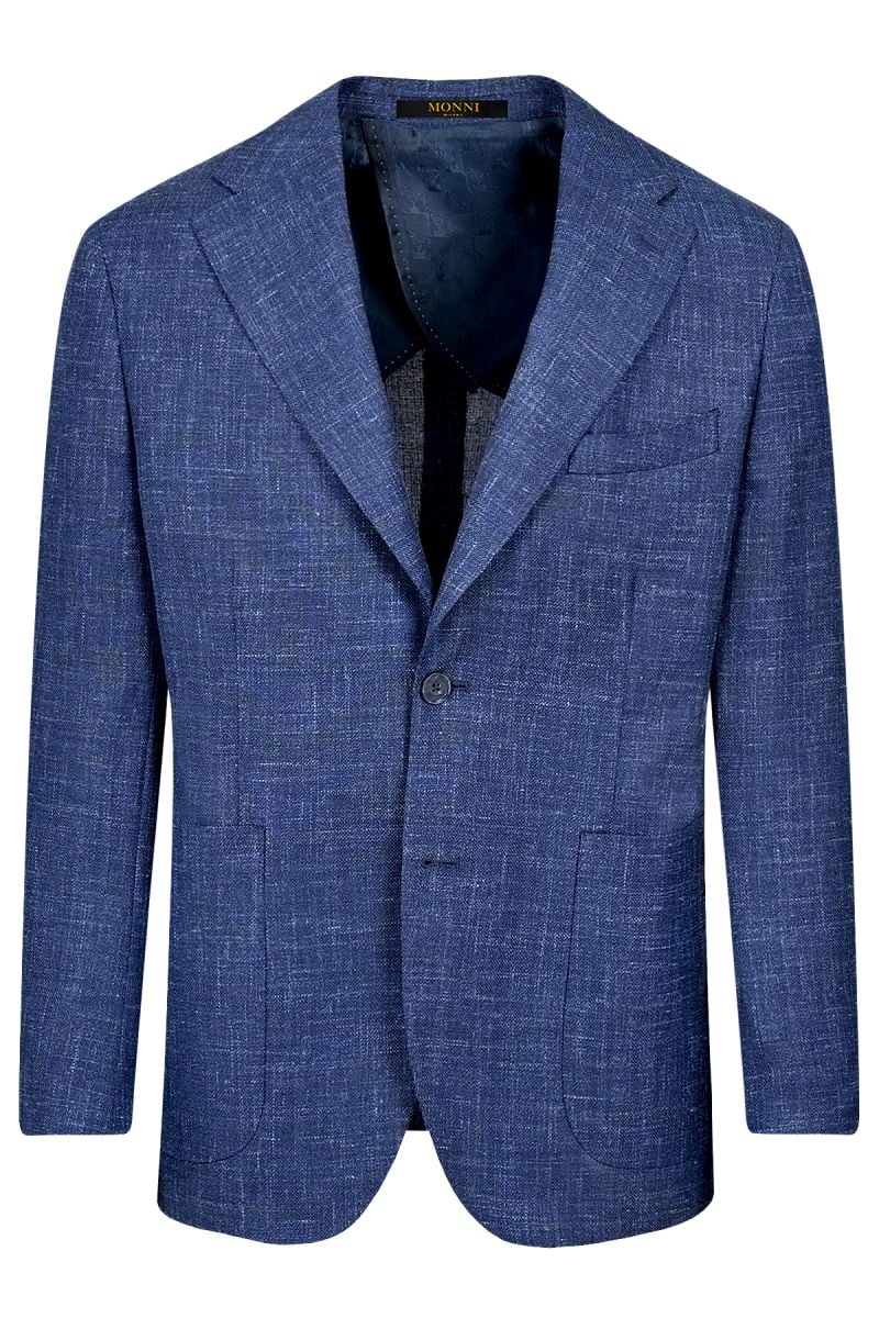 Мъжко луксозно олекотено сако от вълна, лен и коприна в синьо