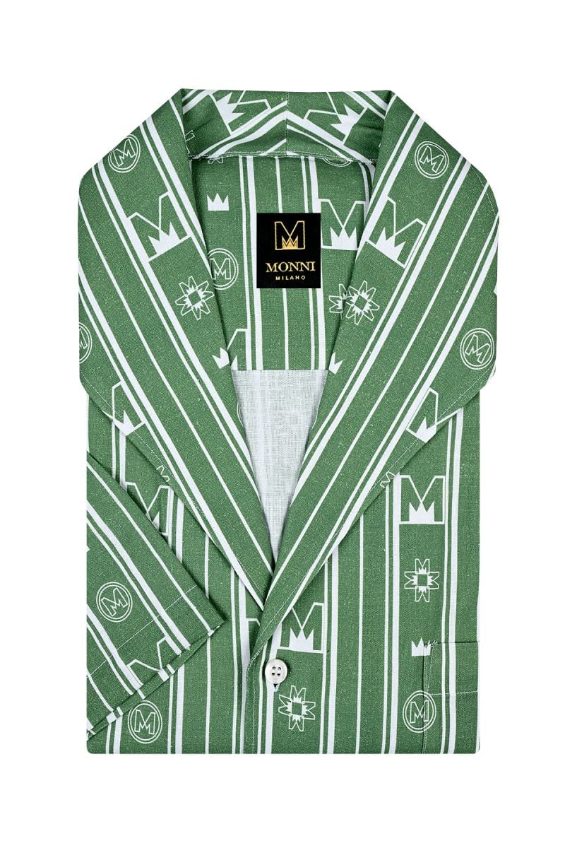 Мъжка луксозна риза с къс ръкав от лен в десен Green Logos
