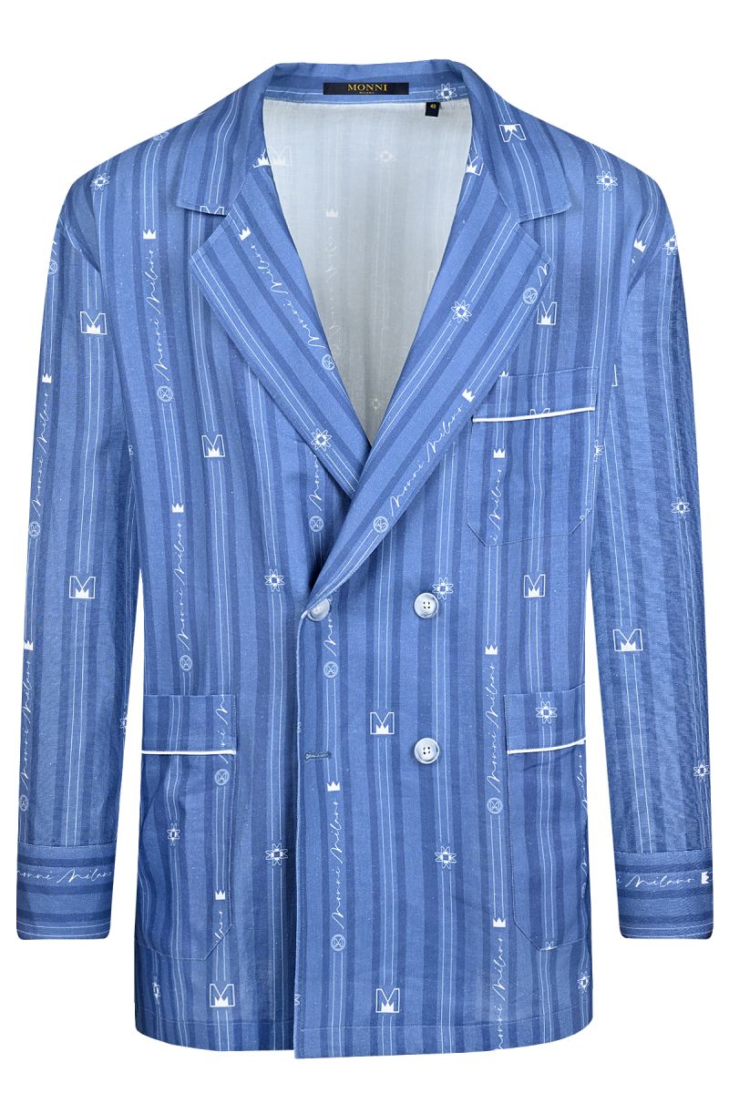 Лятно сако с двуредно закопчаване в син дизайнерски принт 