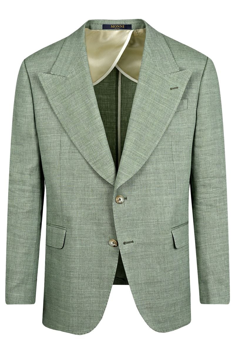 Елегантно ленено едноредно мъжко сако с широк ревер в светло зелено