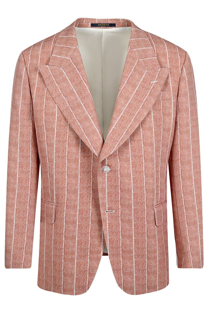 Мъжко елегантно сако с класически ревер и райе в цвят сьомга