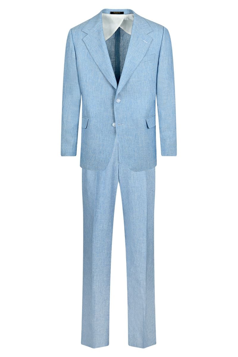 Мъжки елегантен костюм в светлосин цвят от лен и вълнен плат