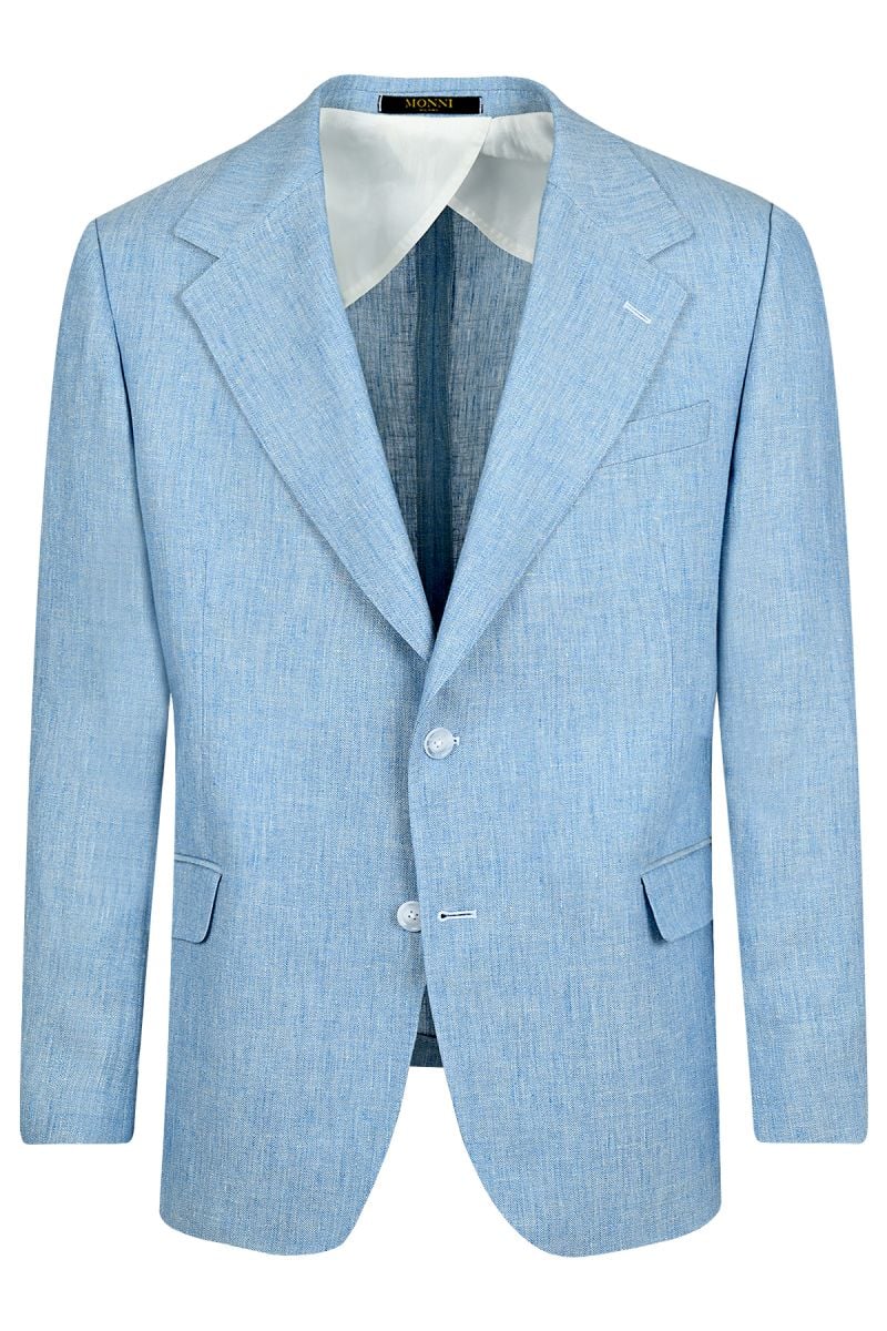 Мъжки елегантен костюм в светлосин цвят от лен и вълнен плат