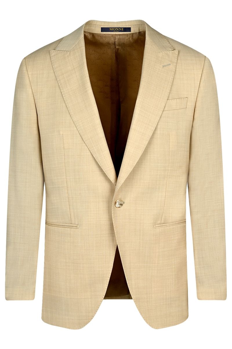 Мъжки официален костюм с едно копче и филетки в светлобежово