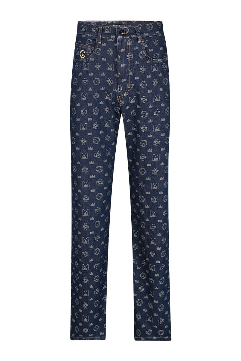 Мъжки свободни дизайнерски дънки с десен символи в синьо