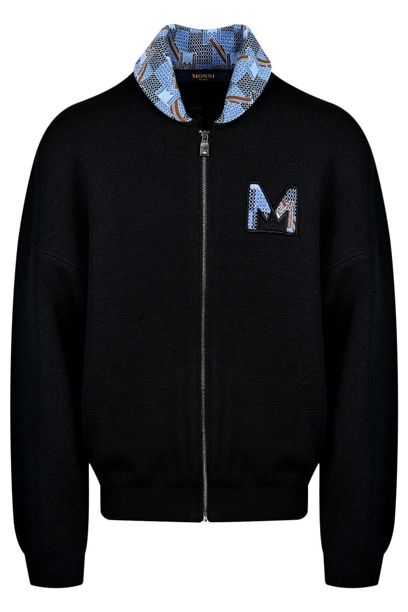 Мъжка дизайнерска черна вълнена жилетка с бродерия в синьо