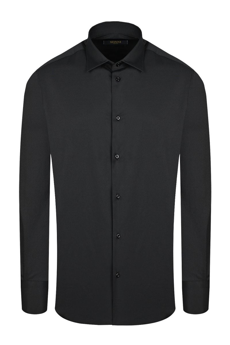 Класическа риза със стандартна яка от сатениран памук в черно