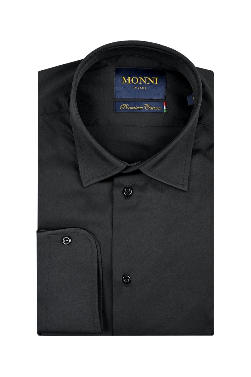 Класическа риза със стандартна яка от сатениран памук в черно