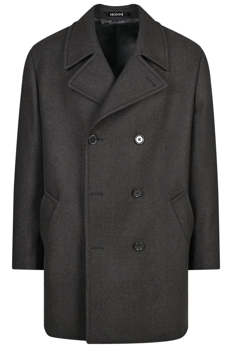 Мъжко двуредно късо палто от вълна в тъмнокафява рибена кост