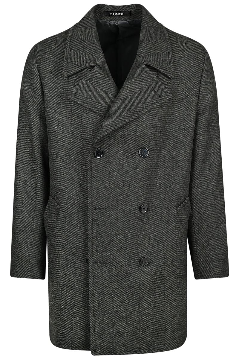 Мъжко двуредно късо палто от вълна в тъмнозелена рибена кост