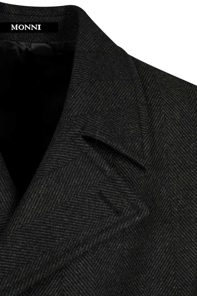 Мъжко двуредно късо палто от вълна в тъмнозелена рибена кост