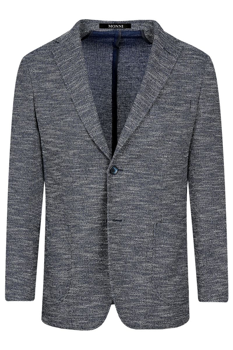 Мъжко вталено трикотажно меланжирано сако в деним цвят