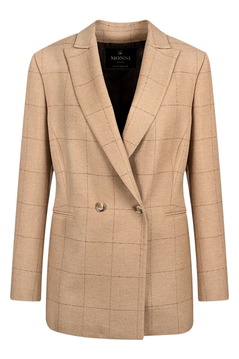 Двуредно дамско сако от кариран вълнен плат с лурекс