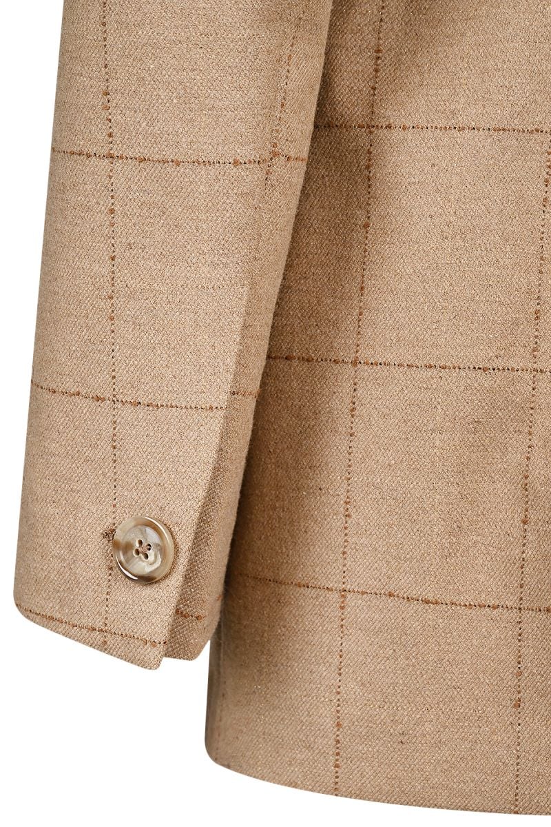 Двуредно дамско сако от кариран вълнен плат с лурекс