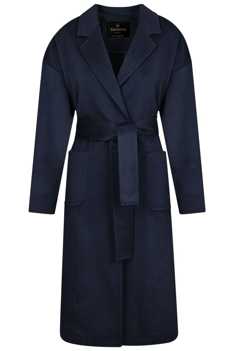 Елегантно палто от вълна и кашмир с външни джобове и колан в тъмно син цвят 