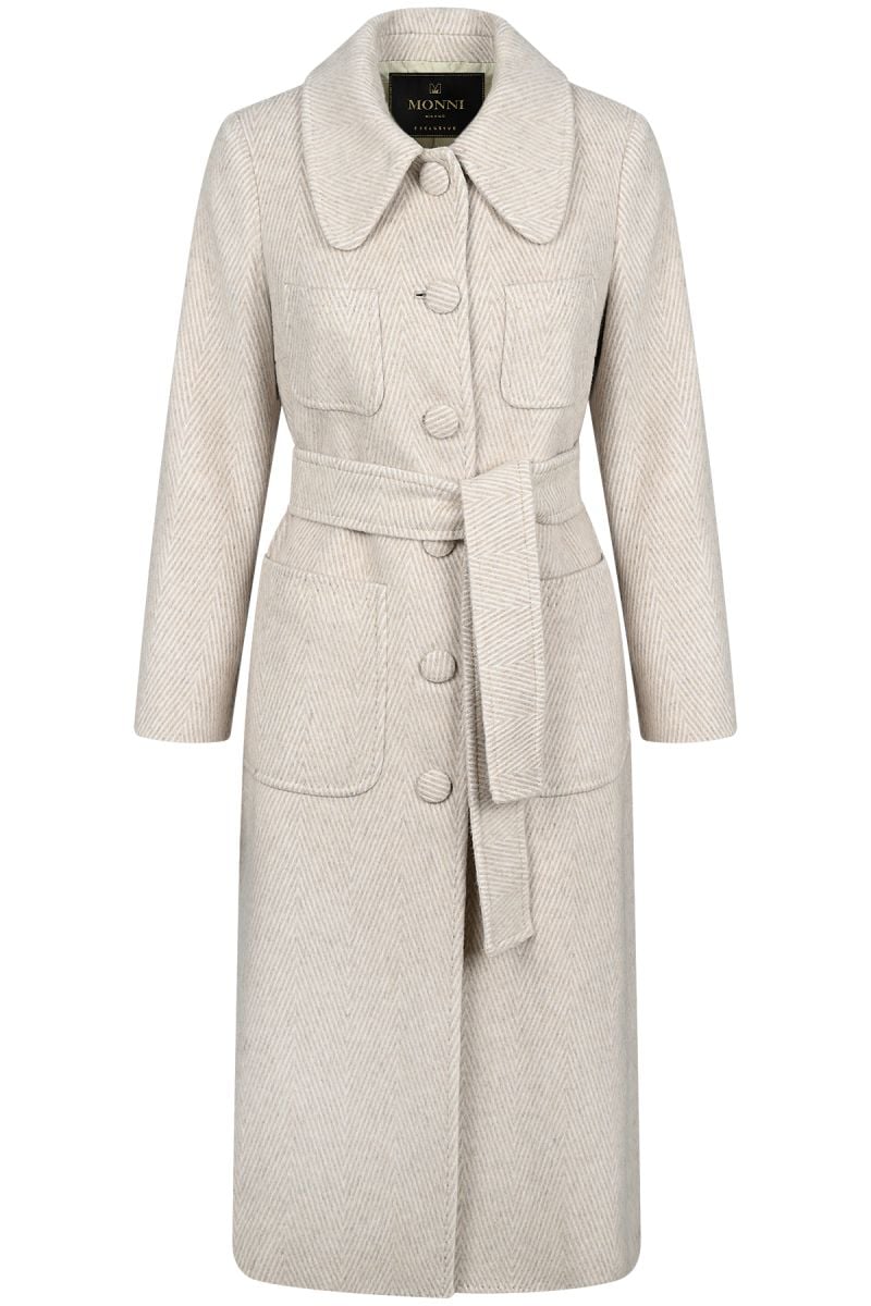 Дамско вълнено бежаво палто от релефен дизайнерски плат Made in Italy