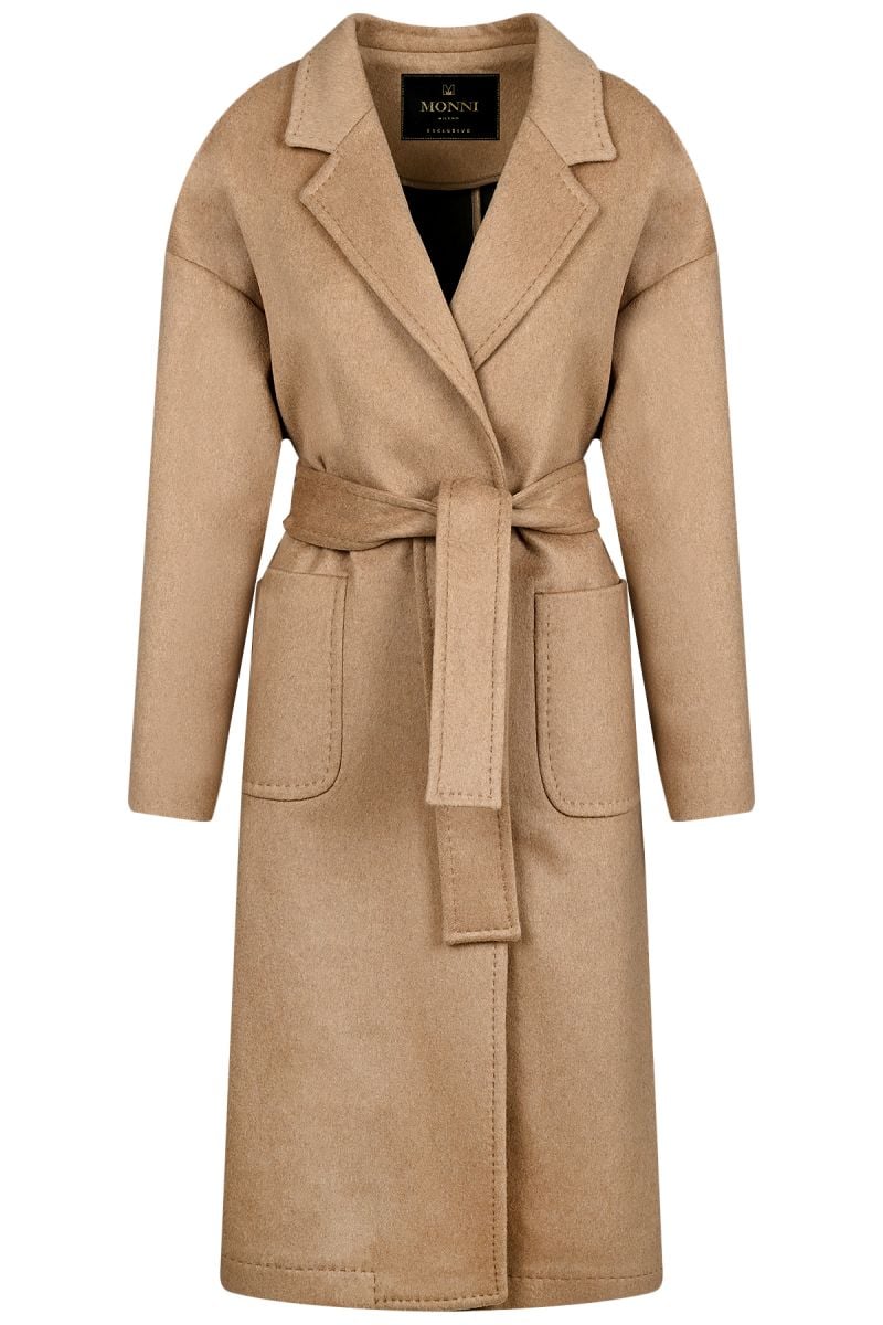 Елегантно дамско палто от вълна и кашмир в бежово с външни джобове и колан