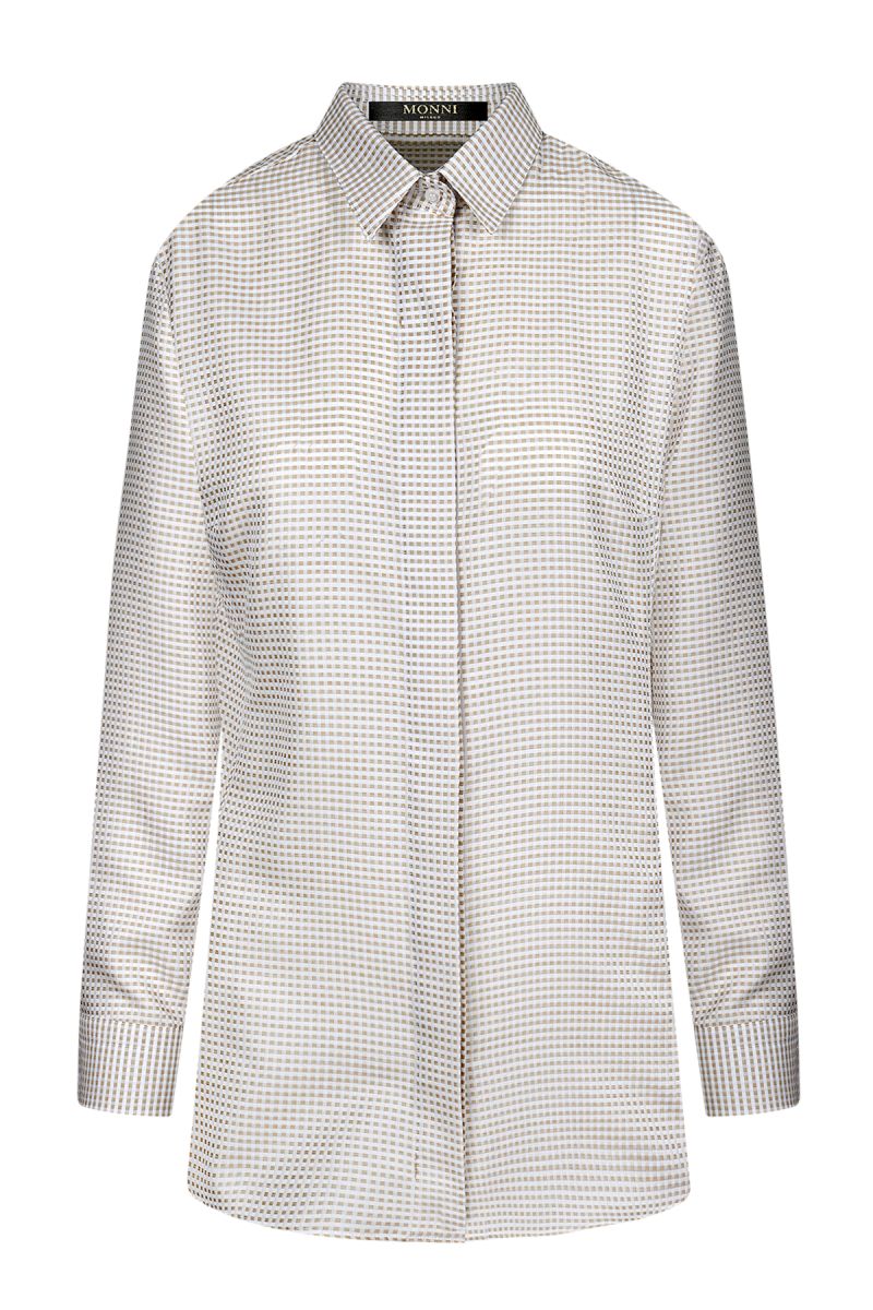 Дамска бяла риза от памук и коприна със скрито закопчаване и квадратен десен