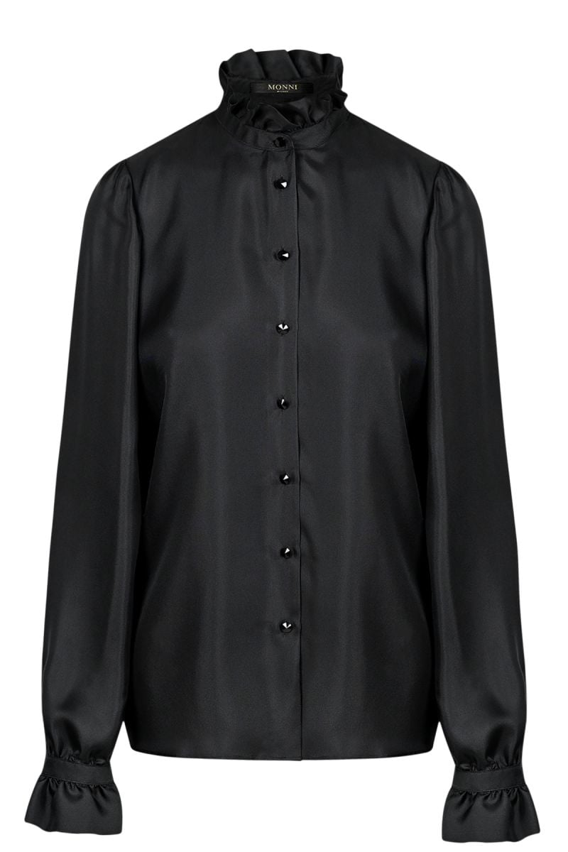 Луксозна черна дамска риза от естествена коприна, украсена с кристални копчета за елегантна и изискана визия