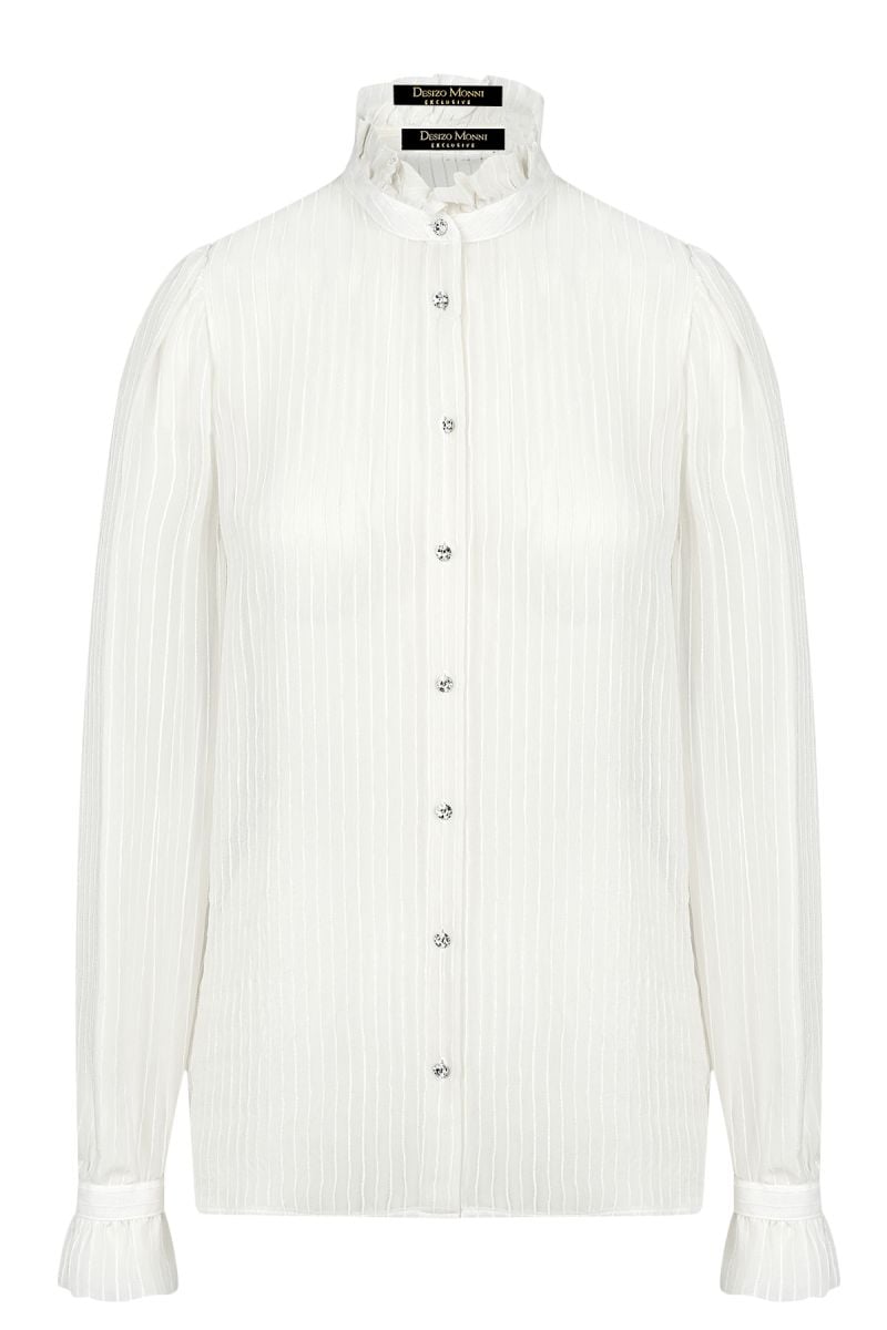 Луксозна бяла дамска риза от естествена коприна, украсена с кристални копчета за изискана и елегантна визия