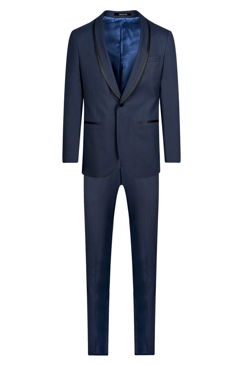 Мъжки втален тъмносин смокинг със сатениран кант на ревера