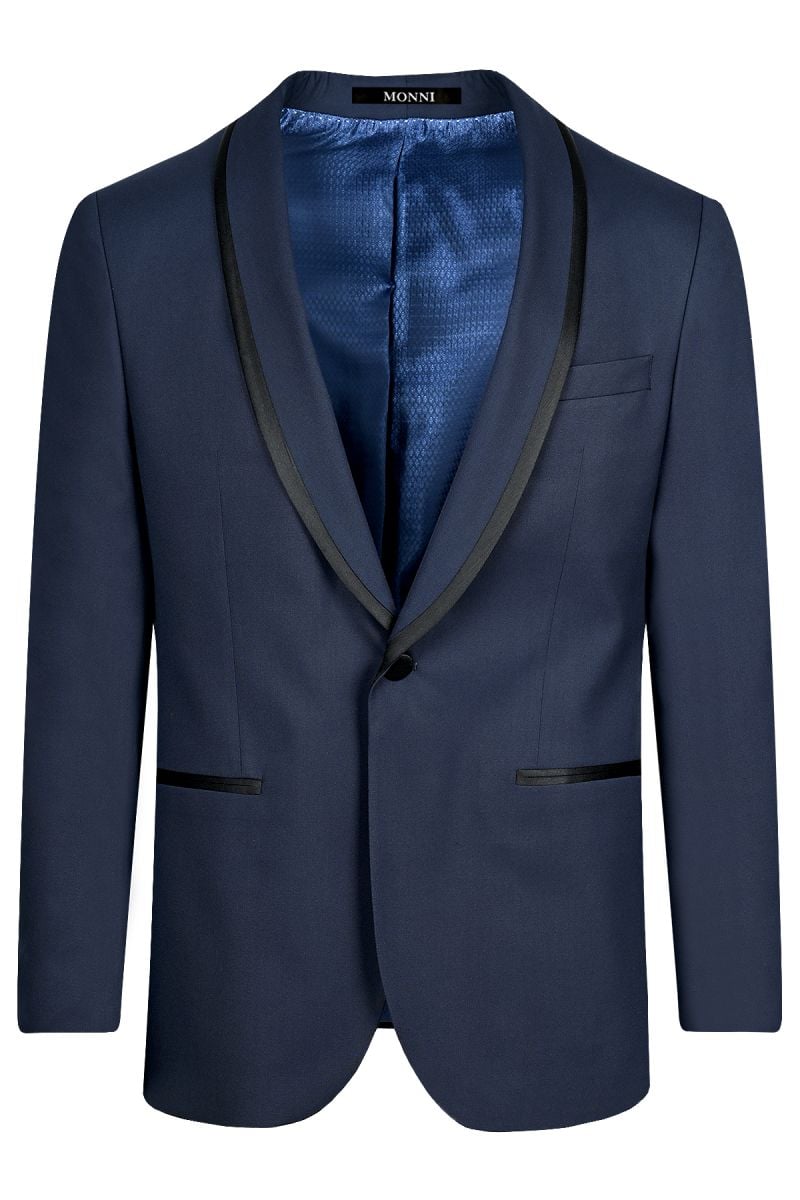 Мъжки втален тъмносин смокинг със сатениран кант на ревера