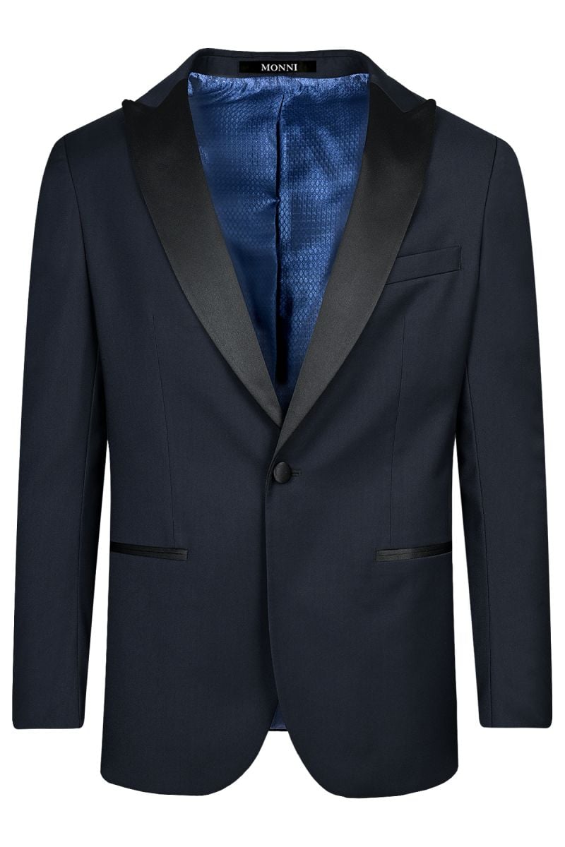 Мъжки втален тъмносин смокинг със сатениран широк остър ревер