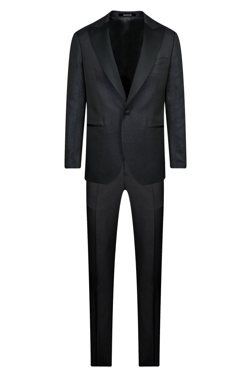 Мъжки официален костюм в тъмносин жакард с остър сатенен ревер