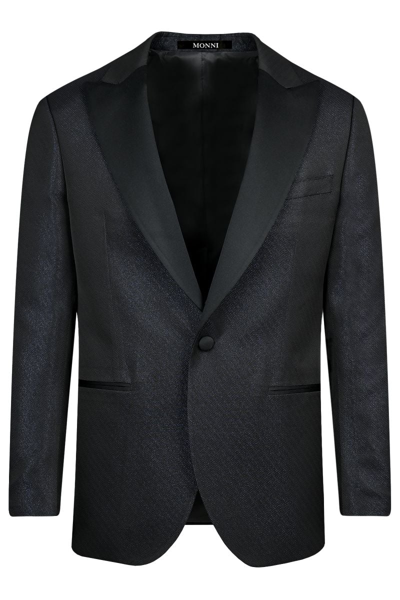 Мъжки официален костюм в тъмносин жакард с остър сатенен ревер